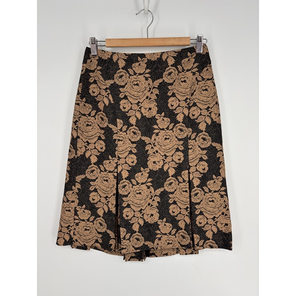 Ann Taylor Skirt 2 Black Brown Rose Print Pleated Silk Wool Knee Length New